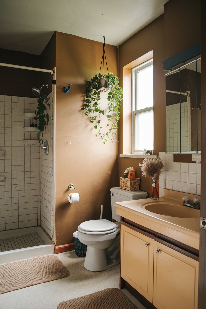 A vintage 1970s bathroom with warm brown and beige tones, a hanging plant, a tiled shower, and a retro vanity.