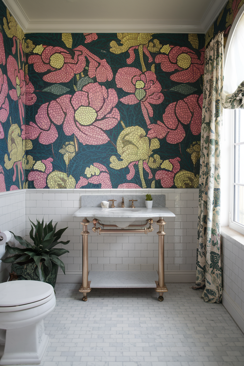 A stylish bathroom with bold floral wallpaper, a marble-top vanity with gold accents, white subway tile wainscoting, and a large window with patterned curtains.
