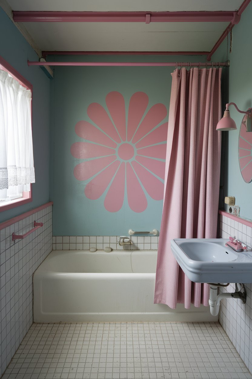 A retro-inspired bathroom with pastel blue and pink decor, featuring a bold floral wall pattern, vintage fixtures, and charming pink accents.