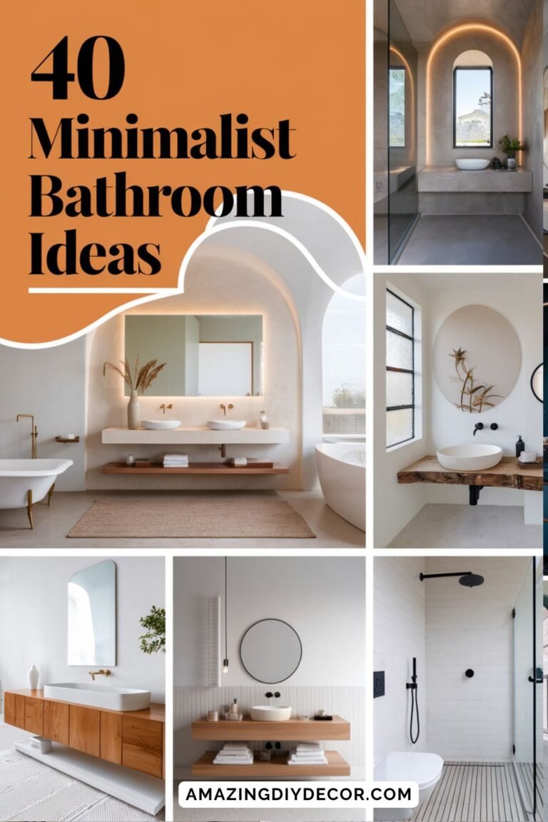 A collage of modern minimalist bathroom designs featuring clean lines, neutral colors, natural materials, and soft lighting. The text overlay reads "40 Minimalist Bathroom Ideas" with a website link at the bottom.