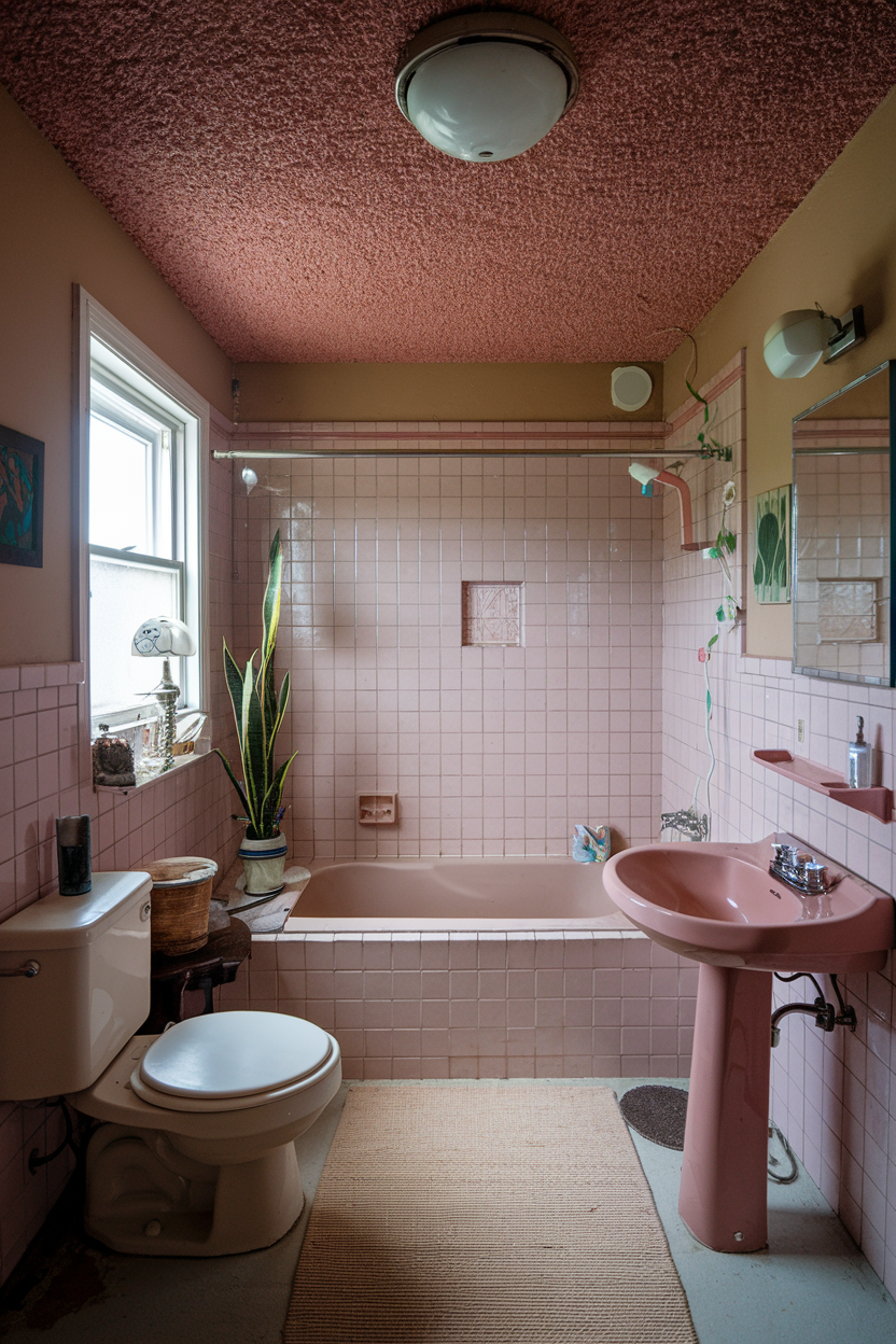 A retro pink bathroom with tiled walls, a pink pedestal sink, a matching bathtub, and a textured popcorn ceiling.