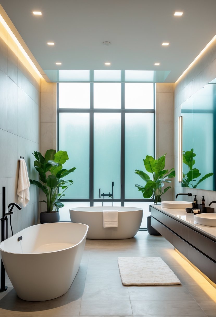 A bright, spacious bathroom with a freestanding bathtub, glass shower, double sinks, and elegant fixtures.