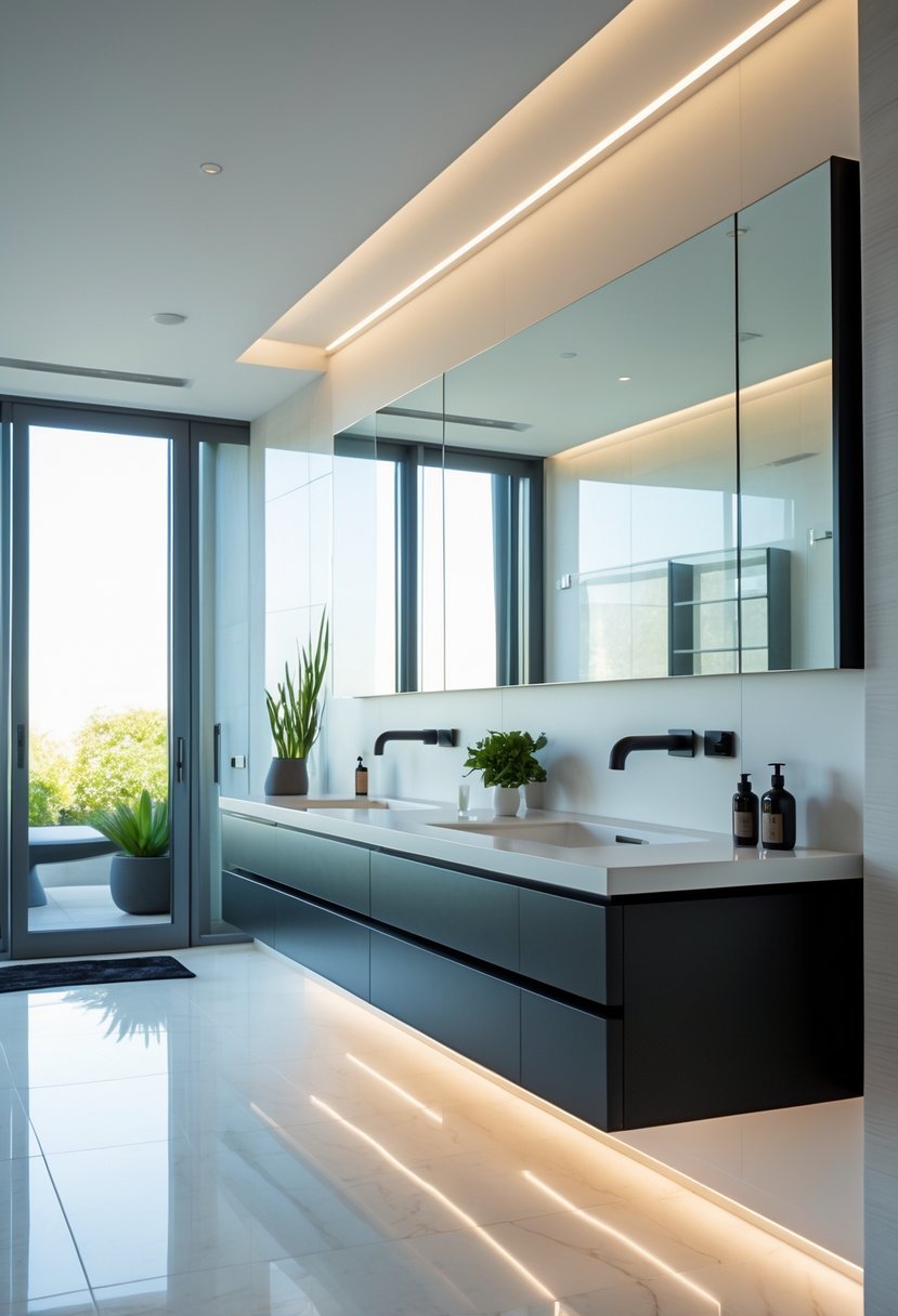 A bright bathroom with wall-mounted floating vanities, sinks, mirrors, and natural light coming through a window.