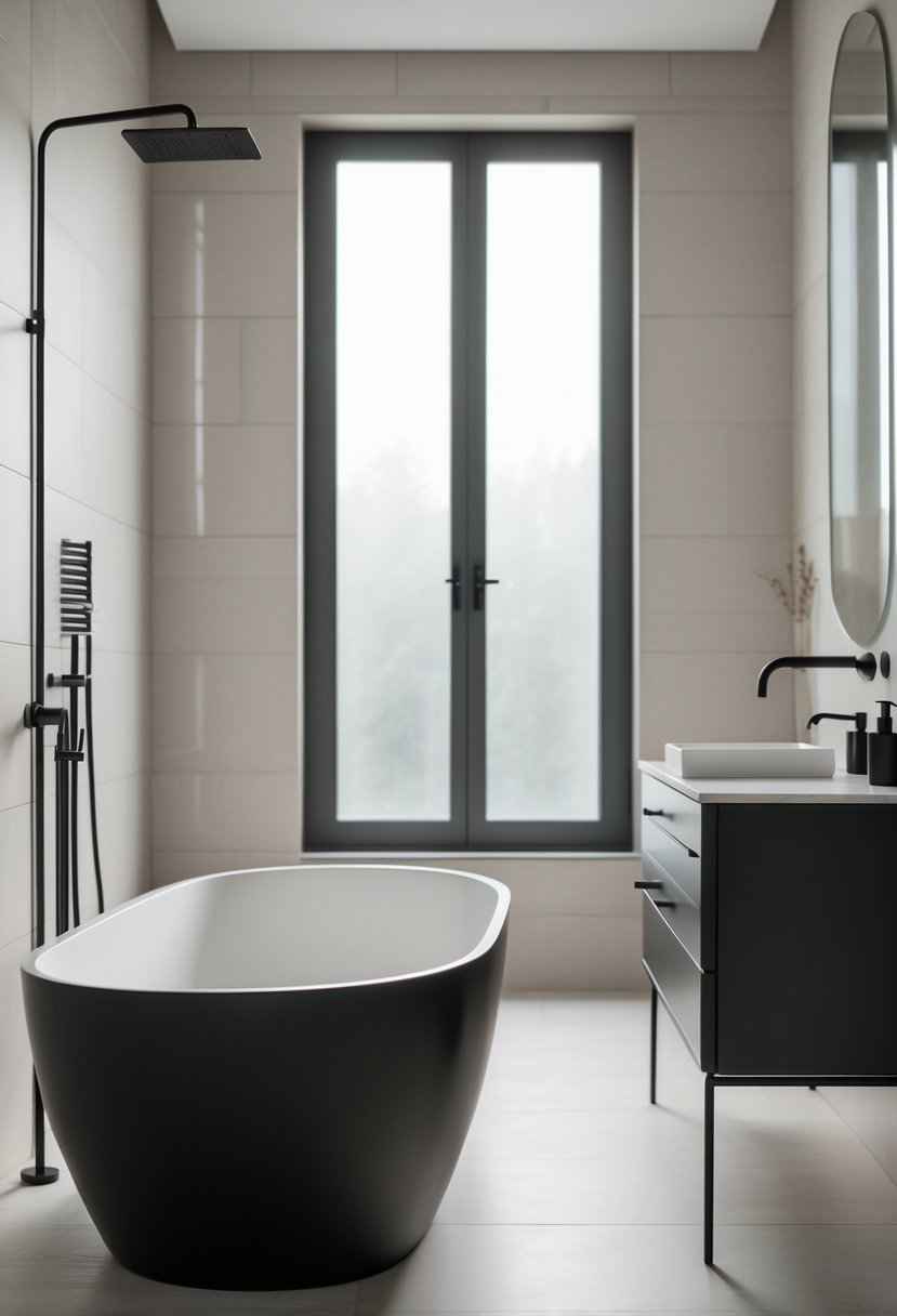 A modern bathroom with a freestanding bathtub and matte black fixtures including faucet and showerhead.
