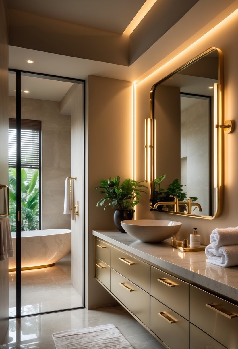 Modern bathroom with brushed gold faucets and hardware, marble countertop, and a large mirror.