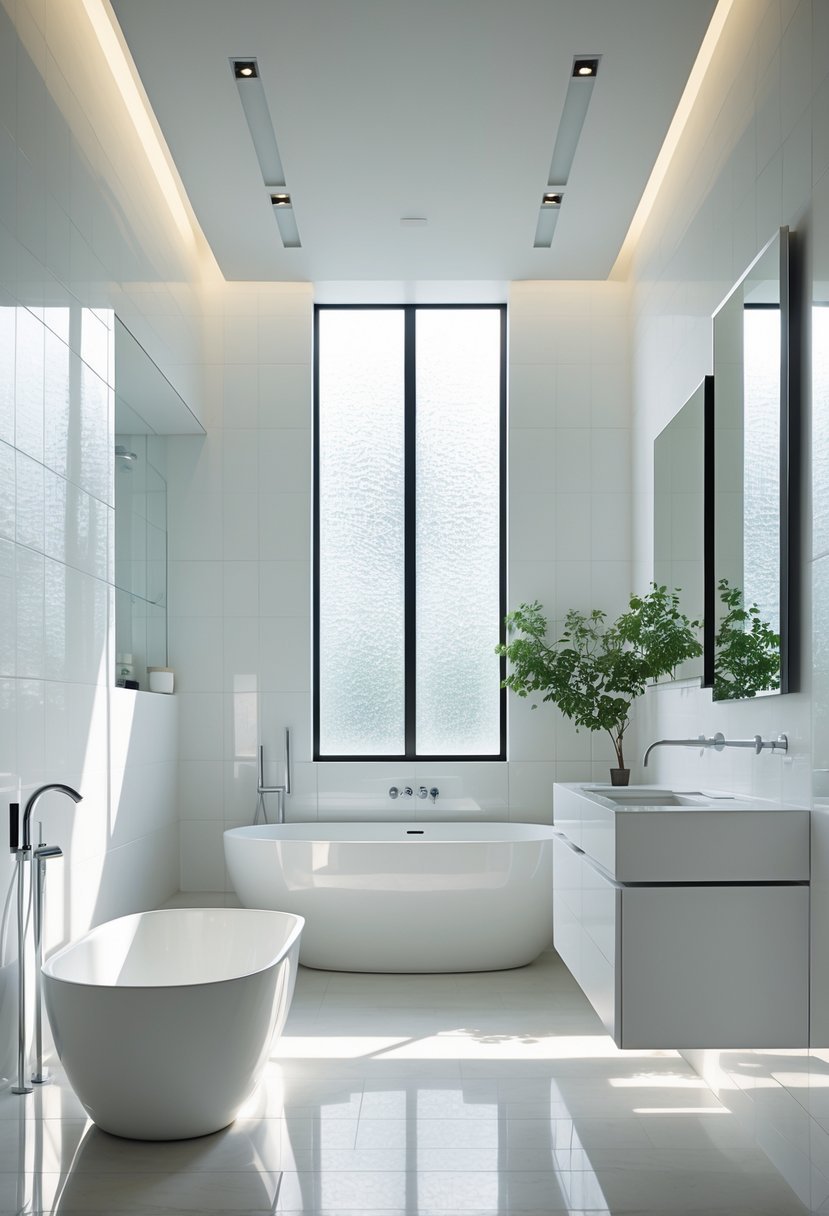 A bright bathroom with white tiled walls, a freestanding bathtub, and a large mirror.