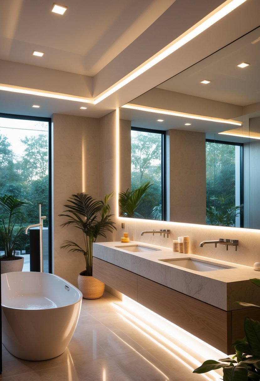 A modern bathroom with a freestanding bathtub, floating vanity with double sinks, and soft integrated LED lighting creating a warm atmosphere.