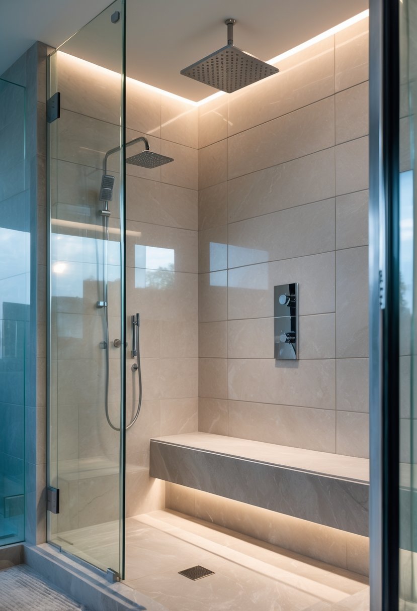 A modern bathroom shower with a built-in bench inside a glass enclosure.