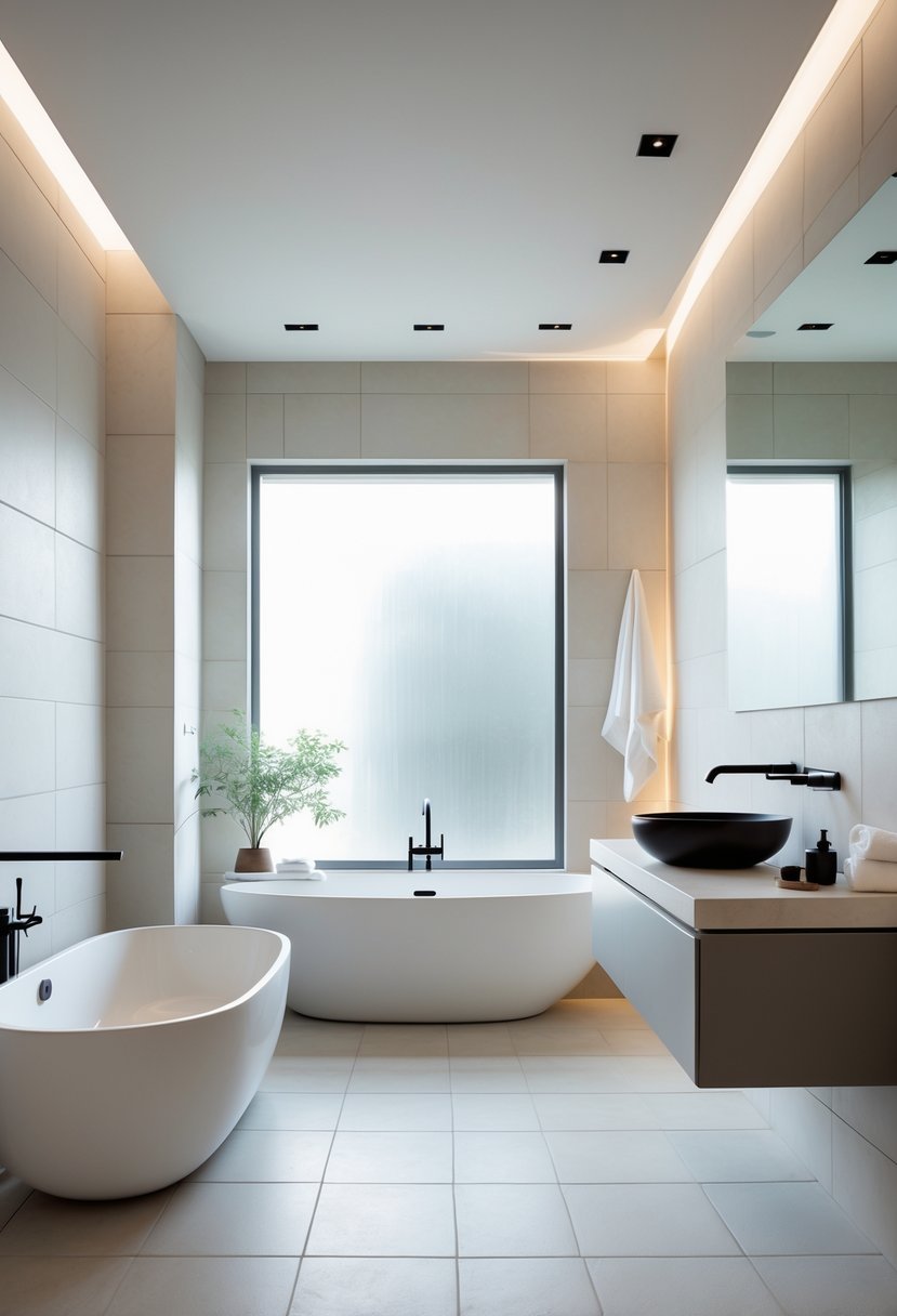 A modern bathroom with a freestanding bathtub, floating vanity, and large tiles covering the floor and walls.