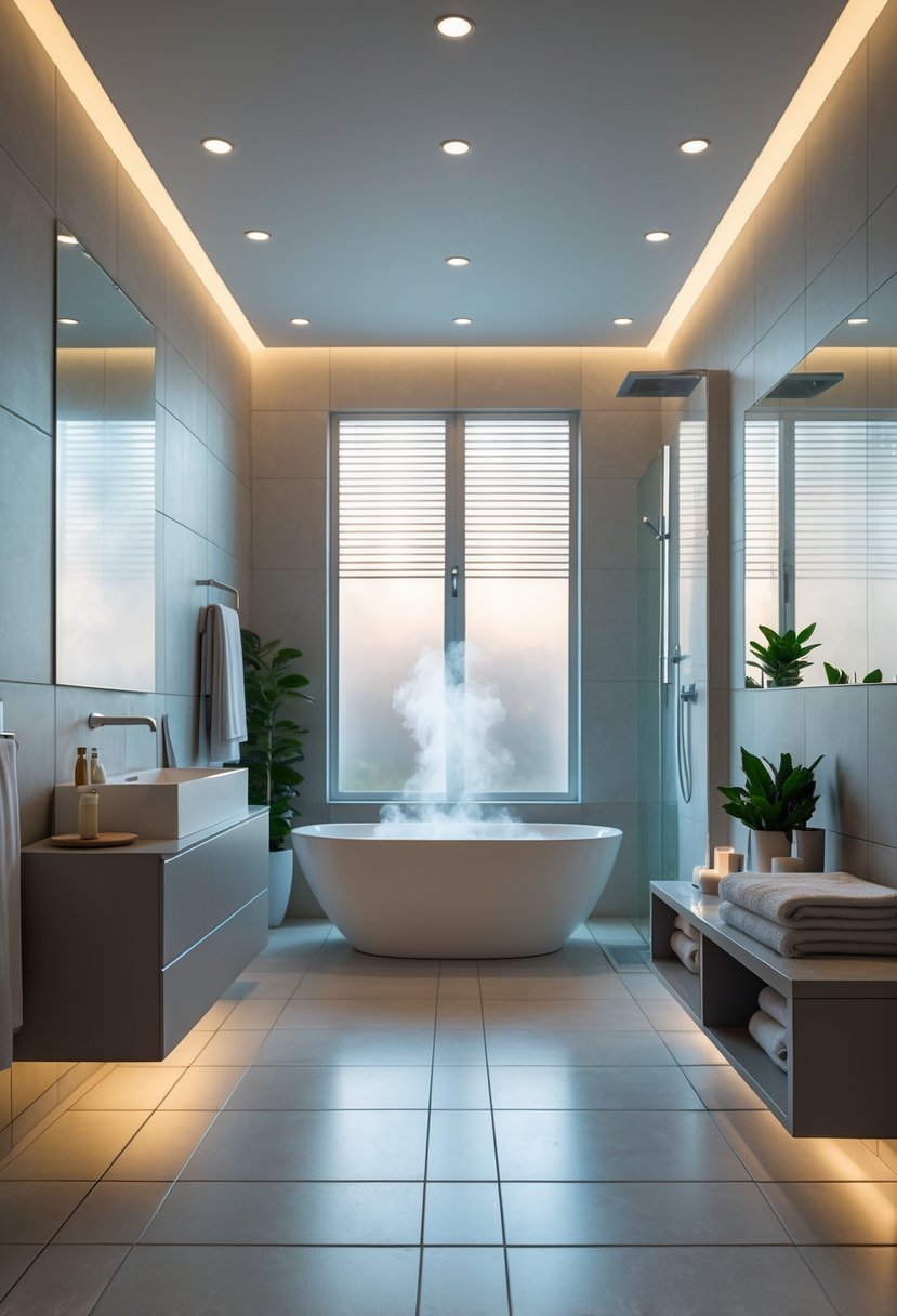 A spacious bathroom with a freestanding bathtub on tiled heated floors, a vanity with a mirror, a walk-in shower, and green plants.