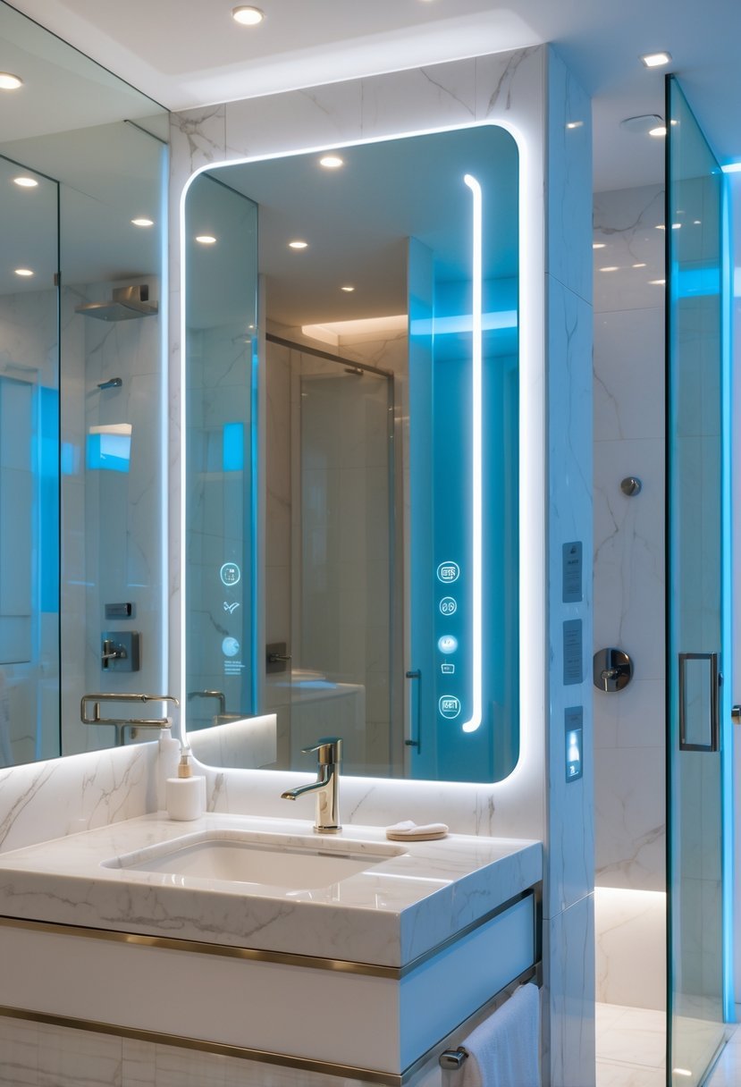 A modern luxury bathroom with a smart mirror that has anti-fog and lighting controls, marble countertops, and a walk-in shower.
