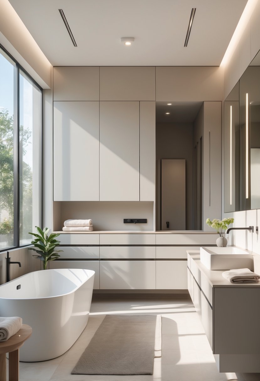 A modern bathroom with minimalist cabinets, a freestanding bathtub, a large mirror, and natural light.