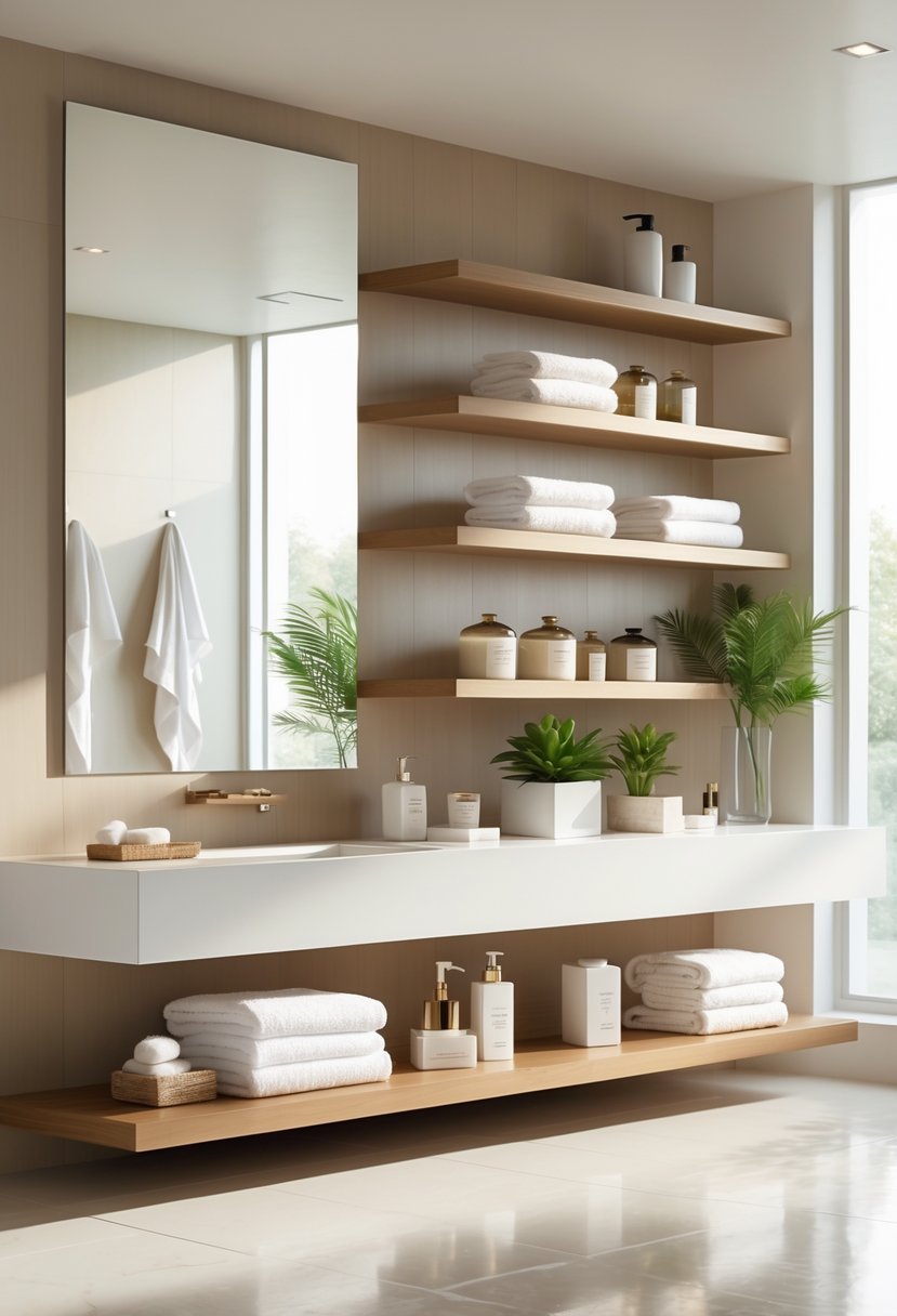 A modern bathroom with open shelves holding towels, plants, and bath products next to a vanity and mirror.