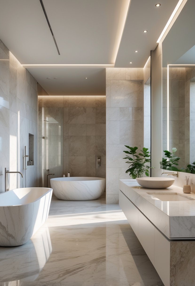 A modern bathroom with a marble countertop, quartz bathtub, stone wall tiles, and a potted plant.