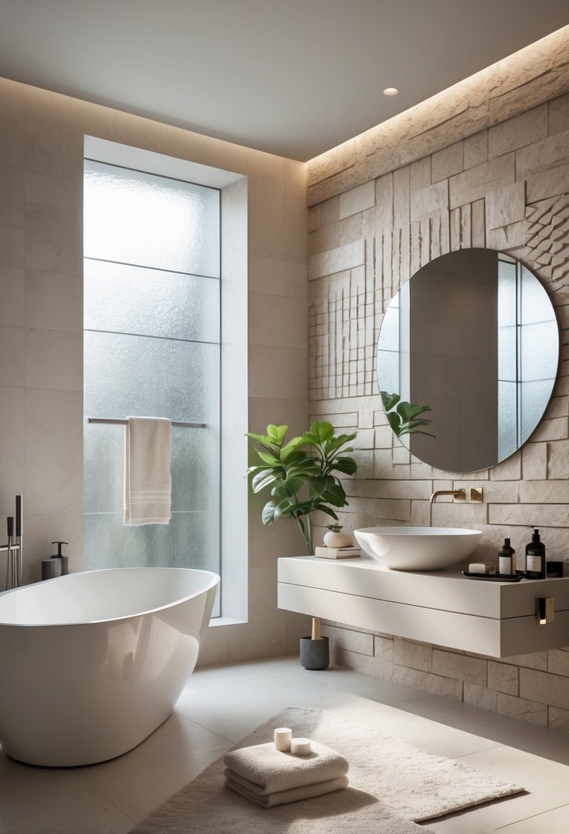 A modern bathroom with textured wall panels, a freestanding bathtub, floating vanity, and natural light coming through a window.