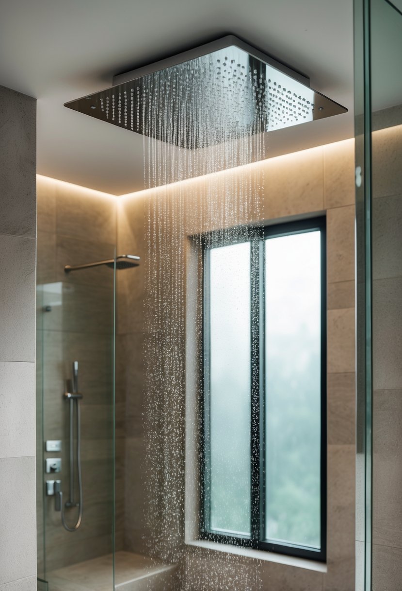 A modern bathroom with a ceiling-mounted rainfall showerhead releasing water inside a glass shower enclosure.