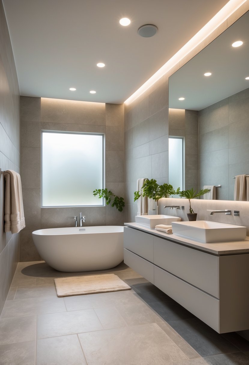A spacious bathroom with a freestanding bathtub, double sink vanity, and stone tiled walls and floor in soft grey and beige tones.