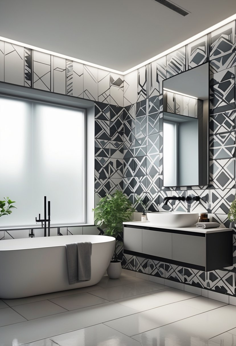 A modern bathroom with a freestanding bathtub and an accent wall featuring geometric patterned tiles.