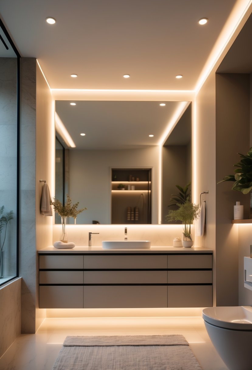 A modern bathroom with under-cabinet lighting softly illuminating the vanity area.