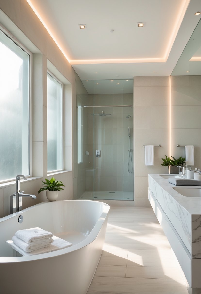 A bright bathroom with a freestanding bathtub, glass shower, white marble countertops, and natural light coming through windows.
