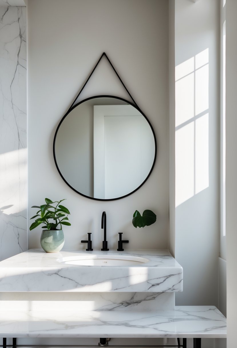 A modern bathroom with a white marble countertop, round mirror, black faucet, and a small green plant on the counter.
