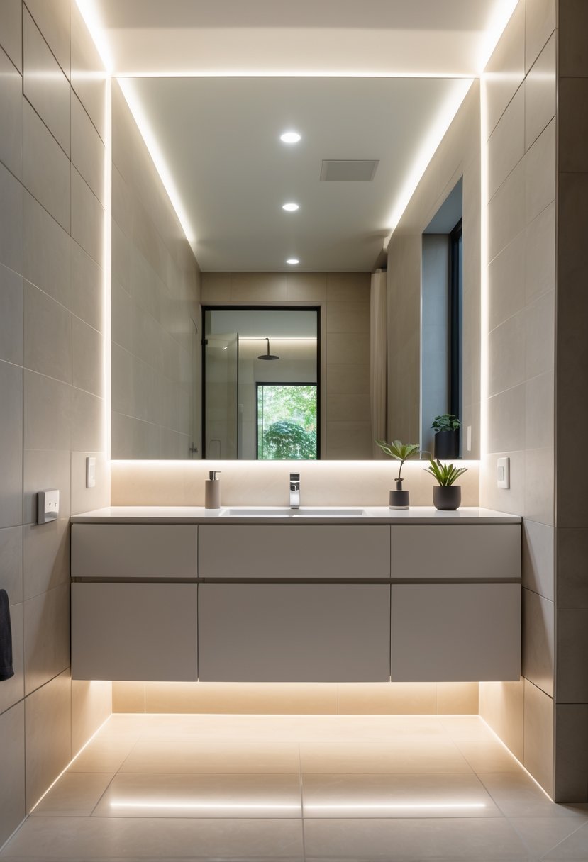 A modern bathroom with a floating vanity illuminated by LED lights, a large mirror, and neutral-colored tiles.