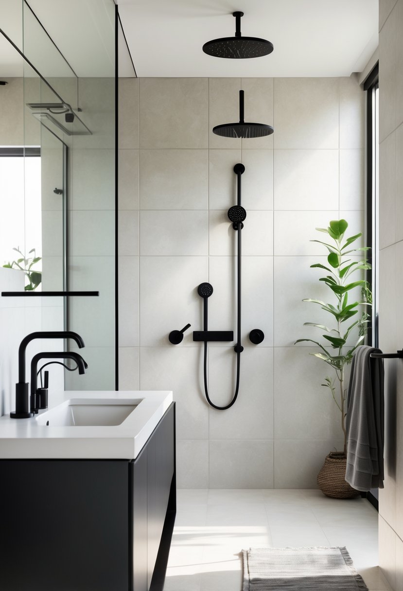 A modern bathroom with matte black fixtures including a faucet, showerhead, and towel racks, set against light tiles and a white countertop.