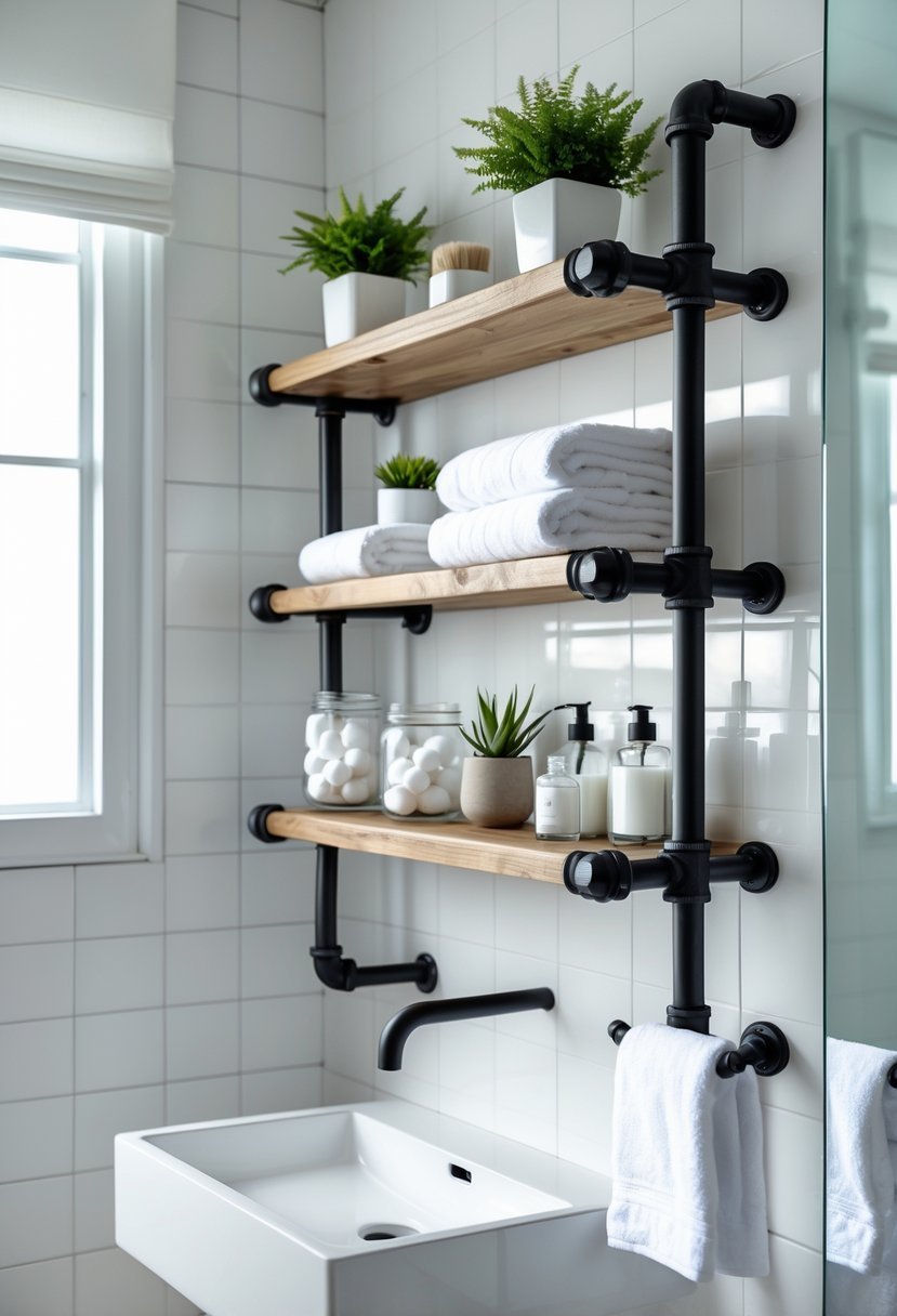 A bathroom with industrial pipe shelves holding towels, jars, plants, and soap dispensers next to a white sink and mirror.