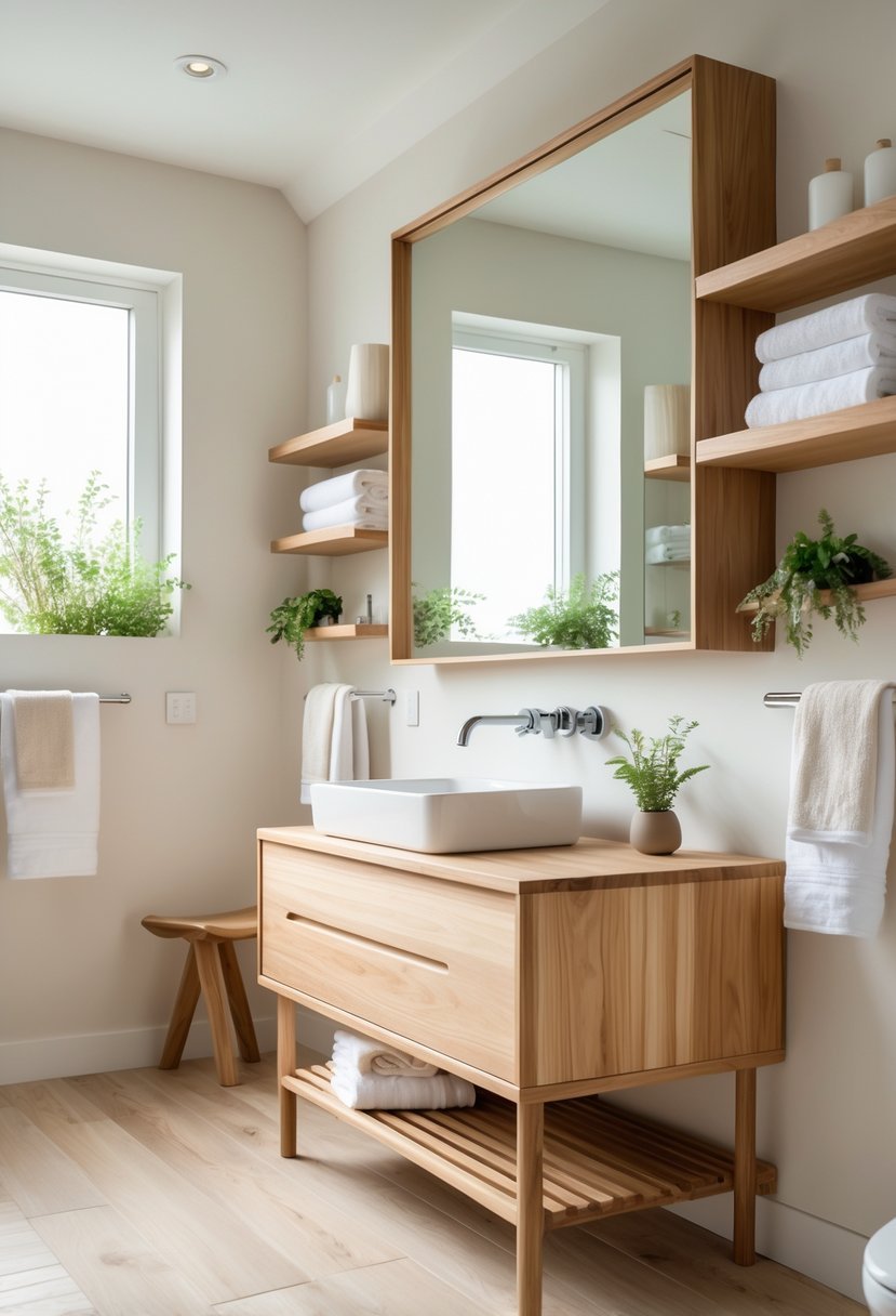 A bathroom with a wooden vanity, white sink, mirror, wooden shelves with towels and plants, and natural light coming through a window.