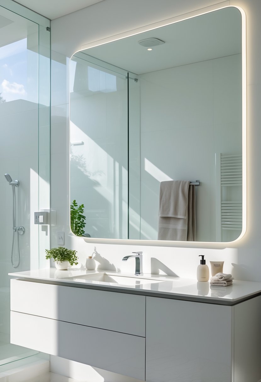 A bright bathroom with a large frameless mirror above a vanity, featuring a faucet, a small plant, and towels reflected in the mirror.