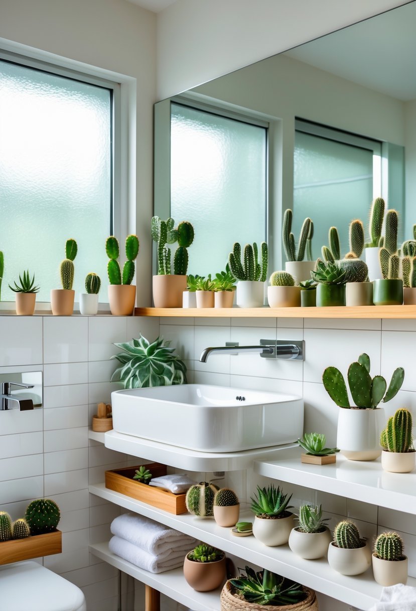 A bright bathroom with various cactus and succulent plants placed on shelves and countertops around a sink and mirror.