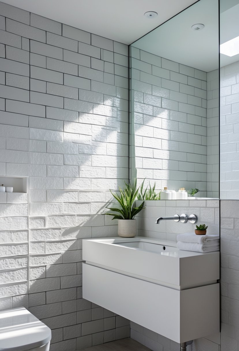 Bathroom interior with textured subway tile walls, a floating vanity with sink, and a large mirror.