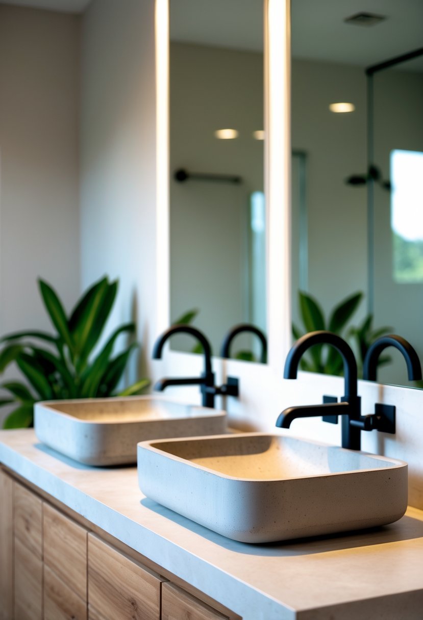 A bathroom with two rectangular concrete sink basins on a wooden vanity, a large mirror, black faucets, and green plants.