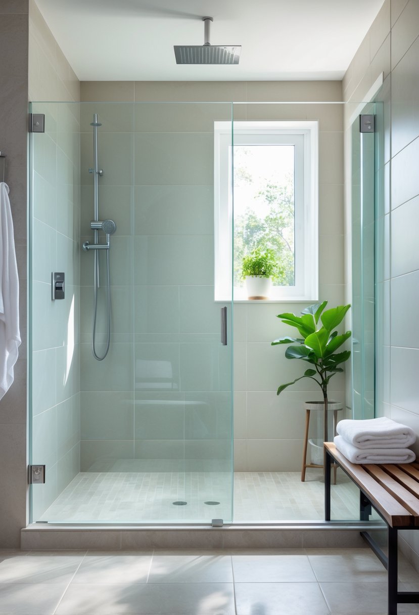 A bright bathroom with an open glass shower enclosure, tiled floor, and a small plant on a wooden bench.