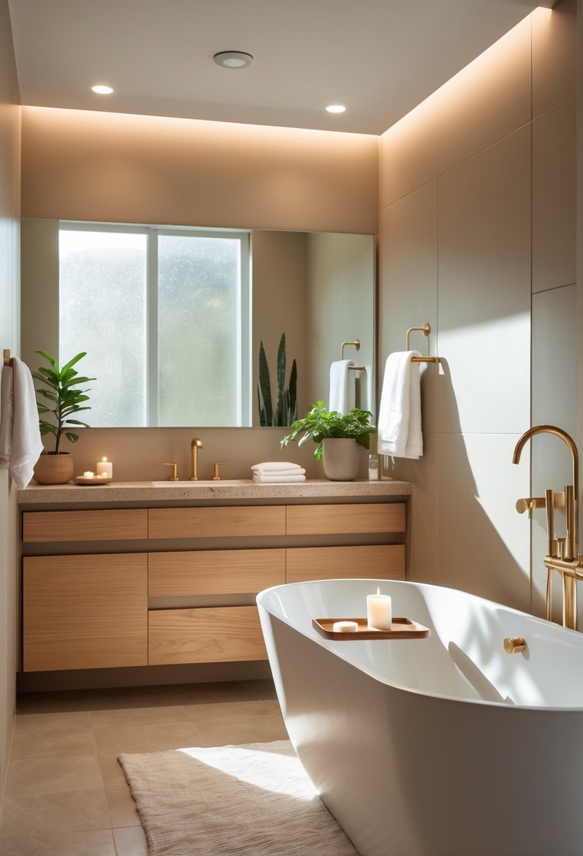 A modern bathroom with a freestanding bathtub, wooden cabinetry, a large mirror, and warm neutral colors.
