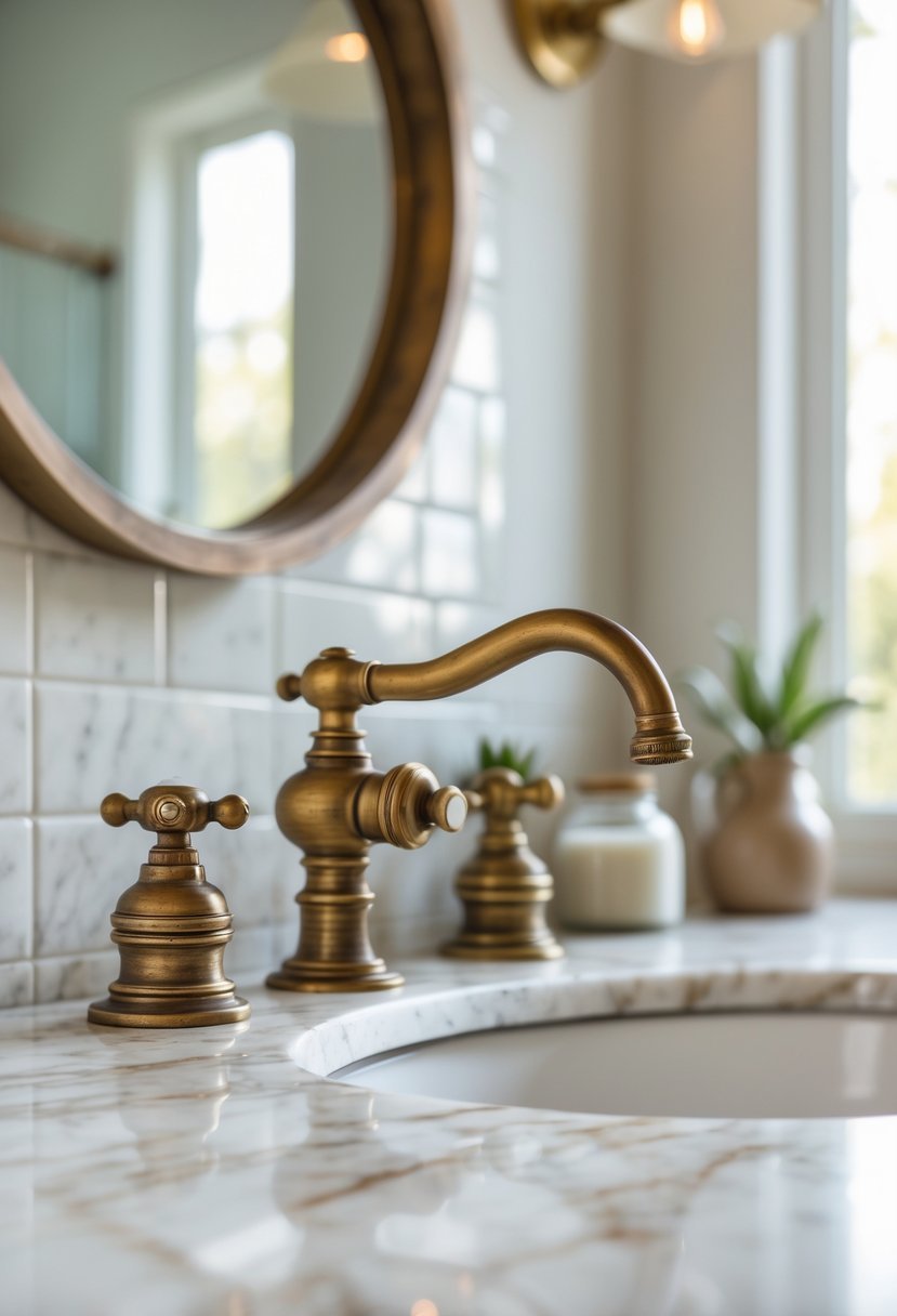 Close-up of vintage brass faucets on a marble bathroom countertop with blurred bathroom elements in the background.