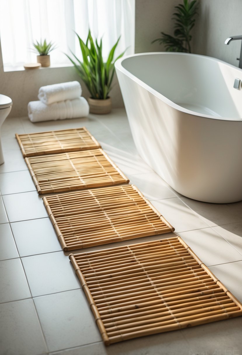 A bathroom with a freestanding bathtub and bamboo bath mats on the tiled floor, surrounded by towels and a small green plant.