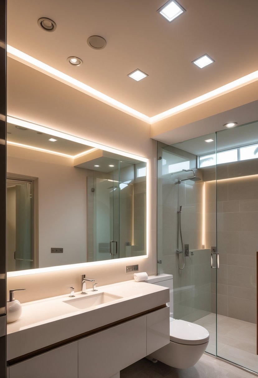 A modern bathroom with recessed ceiling lights, a vanity with a sink and mirror, tiled walls, and a glass shower enclosure.