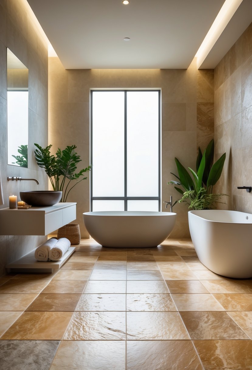 A bathroom with natural stone flooring, a freestanding bathtub, a vanity, and plants.