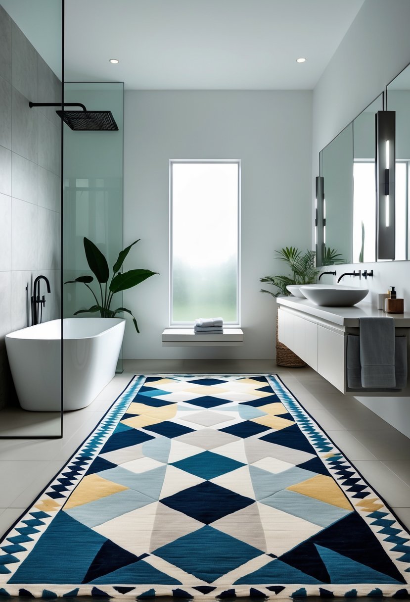 A bright bathroom featuring geometric patterned rugs on the floor, a freestanding bathtub, a vanity with a sink, and natural light coming through a window.