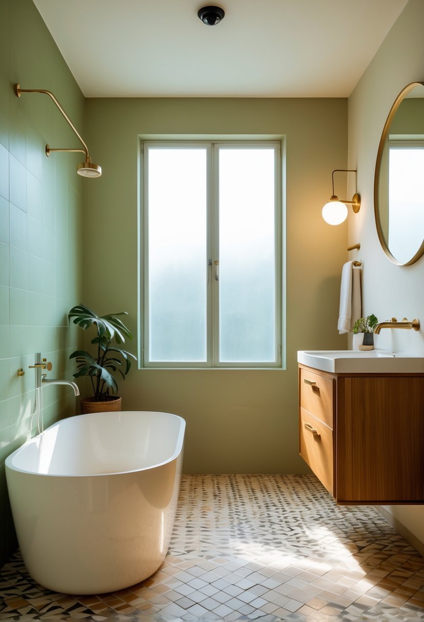 A bright bathroom with a freestanding bathtub, wooden vanity, round mirror, patterned floor tiles, and a potted plant.