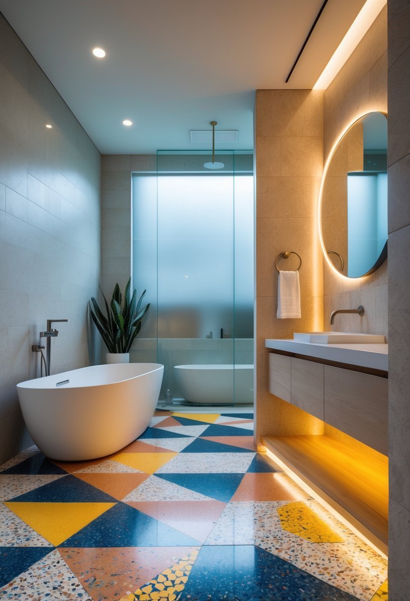 A bathroom with terrazzo tile flooring featuring bold geometric patterns, a freestanding bathtub, and a vanity with a round mirror.