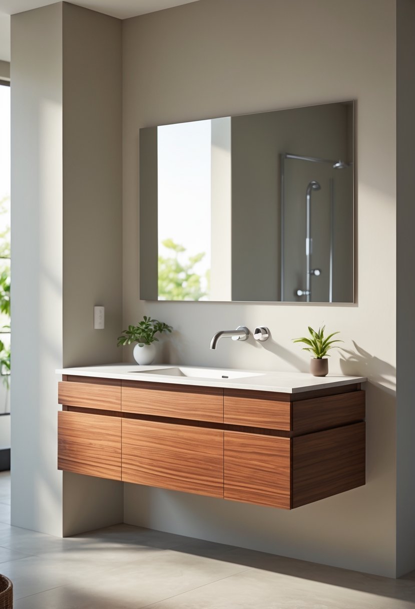 A floating wooden vanity with an integrated white sink mounted on a bathroom wall, featuring a mirror and modern faucet.