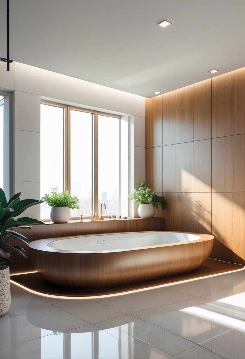 A sunken oval bathtub with a wooden surround in a bright bathroom with plants and natural light.