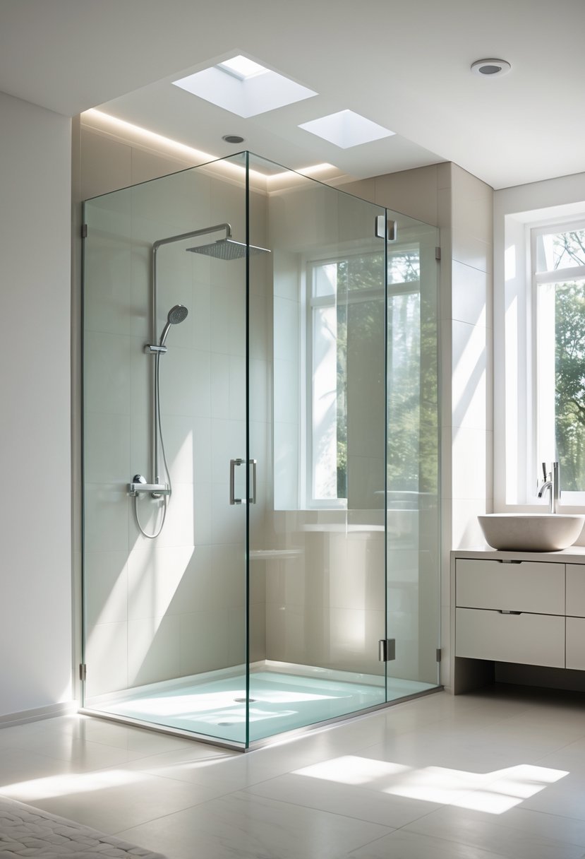 A bright bathroom with a large frameless glass shower enclosure and modern fixtures.