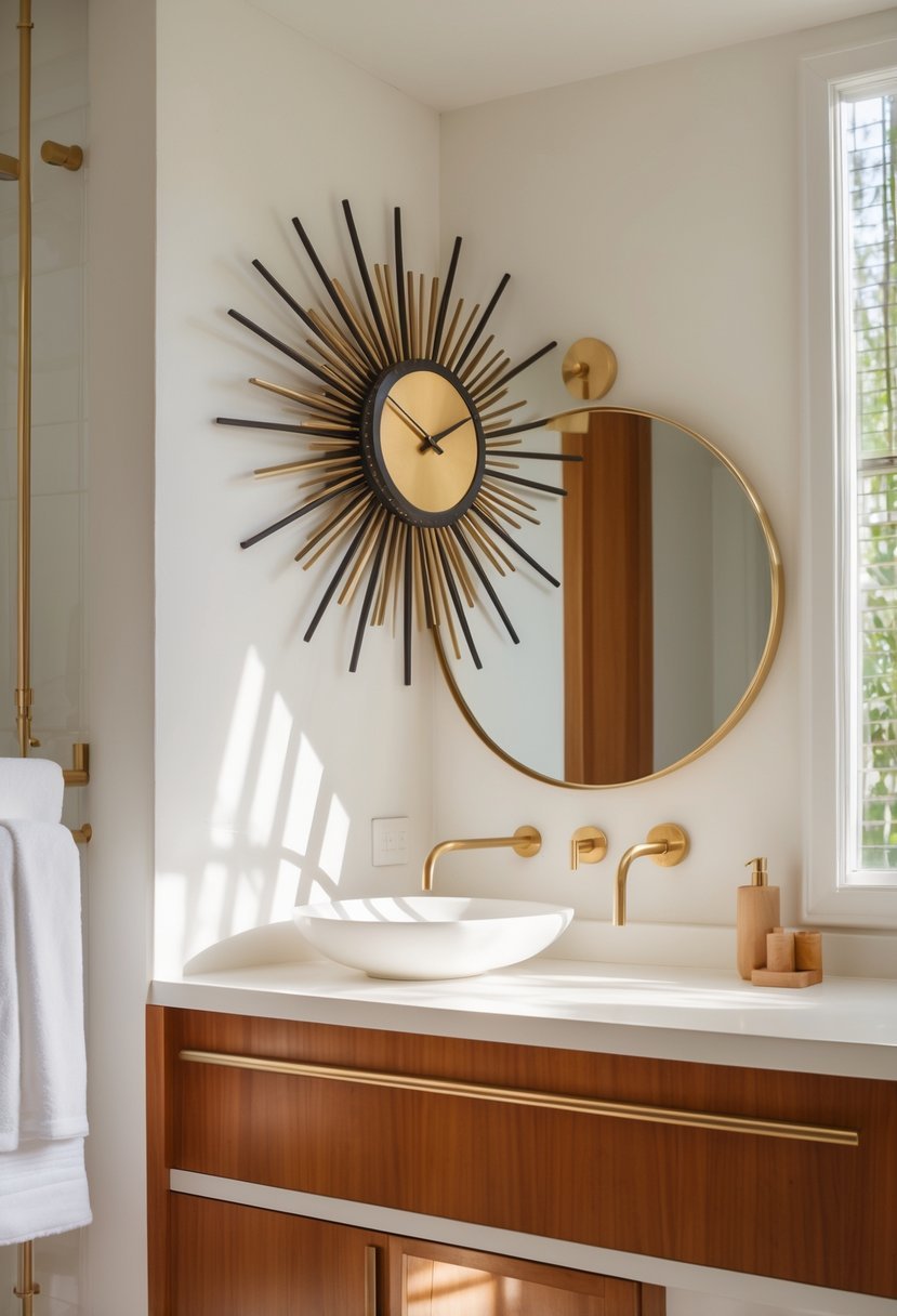 A bathroom with a wall clock above a vanity, featuring a mirror and clean, modern decor.