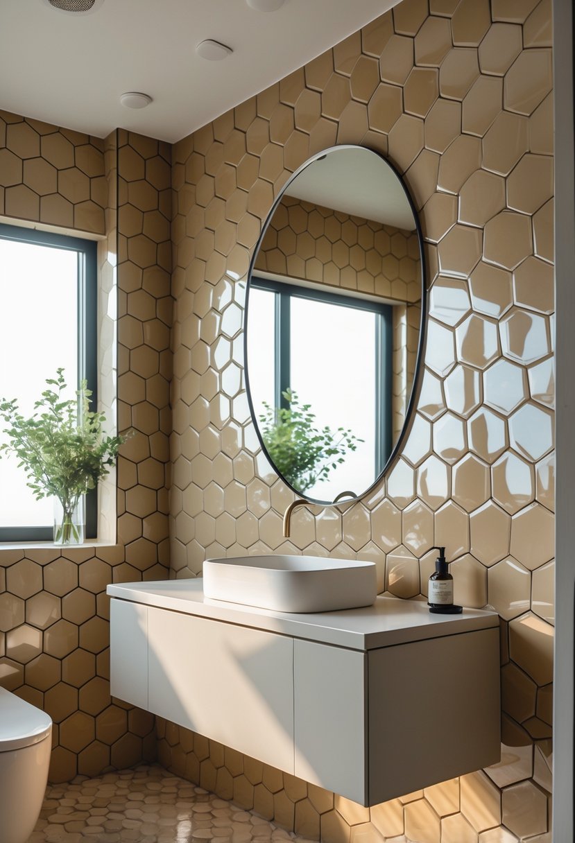A bathroom with honeycomb hexagonal wall tiles, a vanity with a sink, a large mirror, and plants.