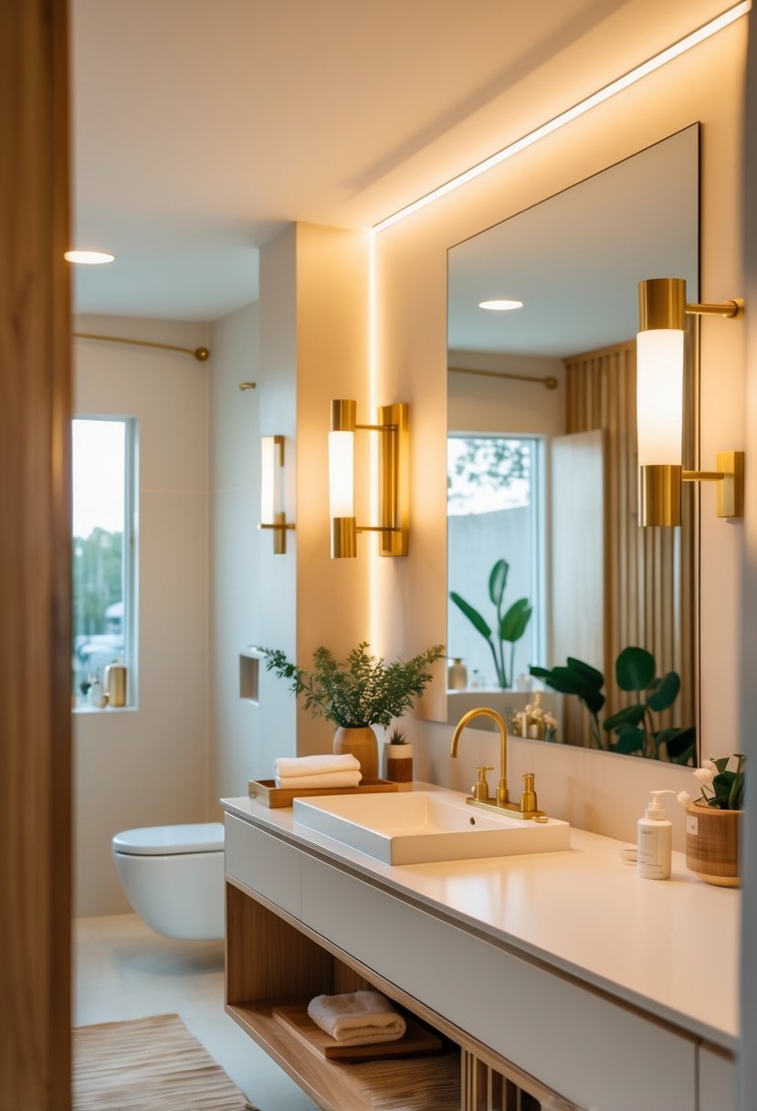 A bright bathroom with brass lighting fixtures, a vanity with a mirror, and neatly arranged plants and toiletries.