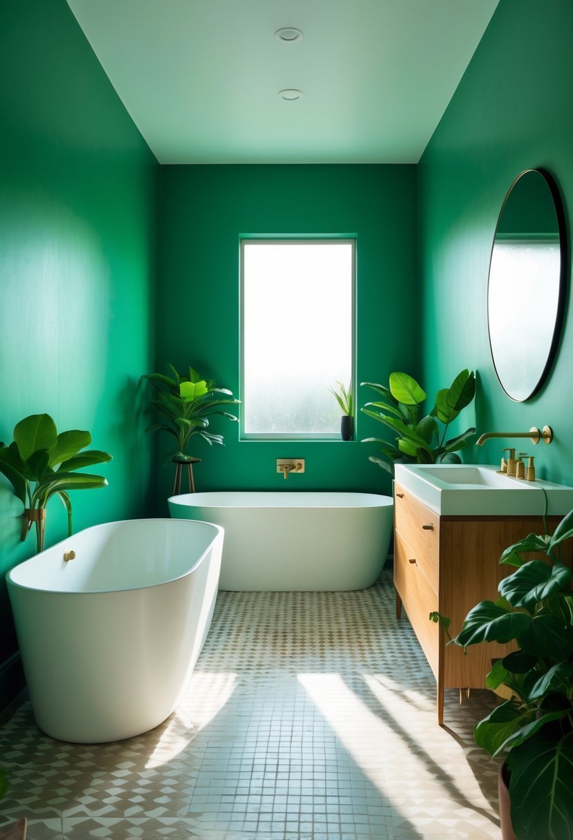 A bathroom with a bold green accent wall, a freestanding bathtub, wooden vanity, round mirror, and plants.