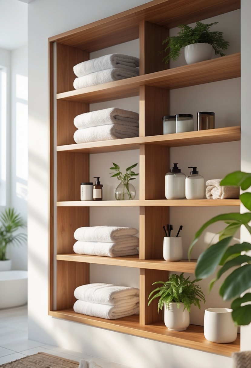 Open wooden shelves with bathroom accessories including towels, plants, and jars in a bright bathroom.